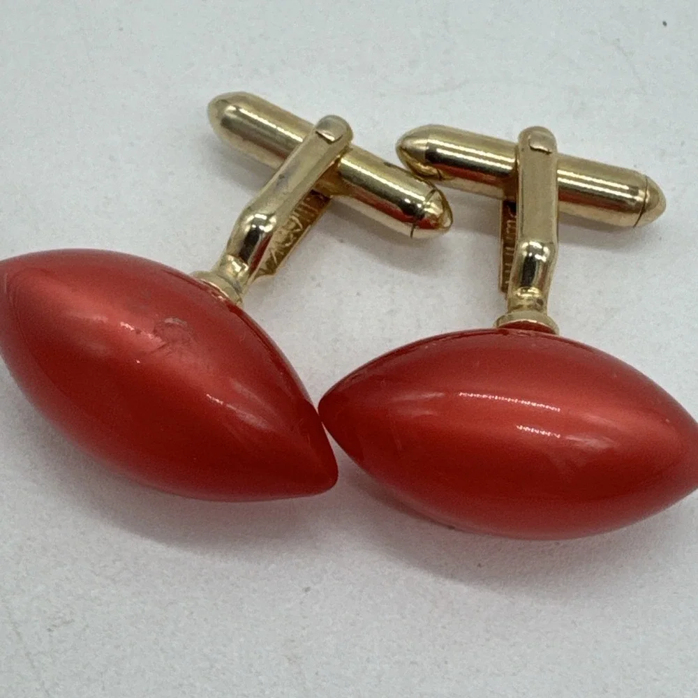 SWANK Mid-century 1940s Vintage Cufflinks, Coral Lucite, Gold Tone Setting